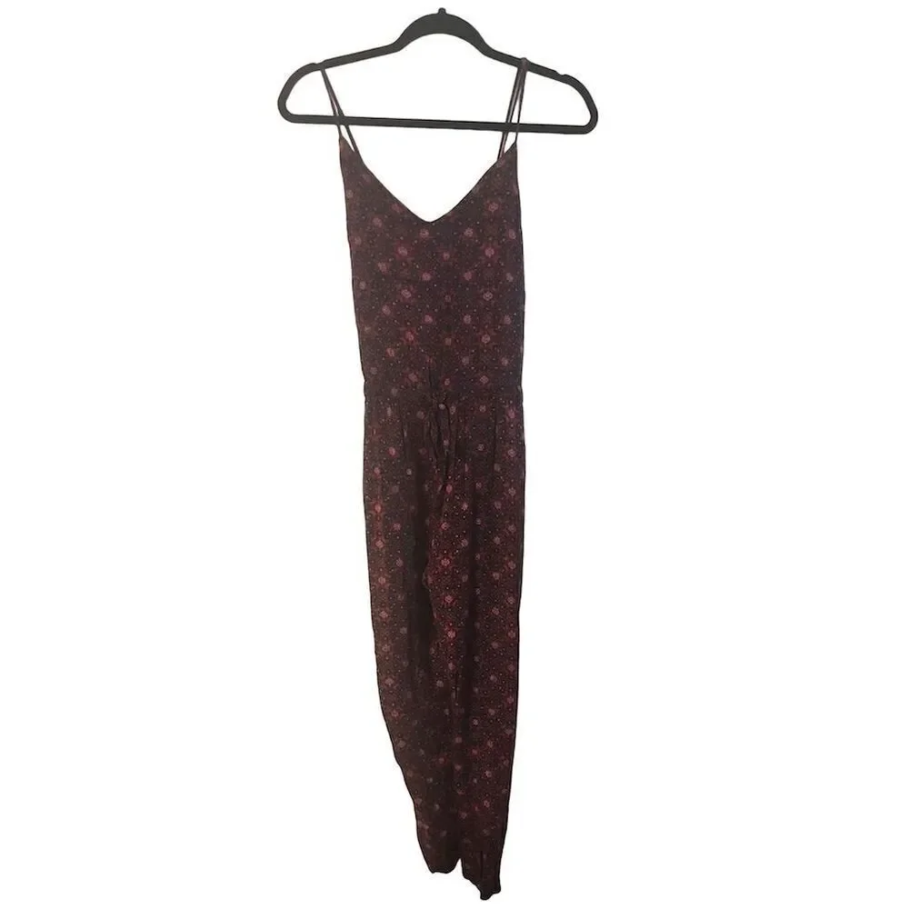 Free People Burgundy Floral Print Spaghetti-Strap Jumpsuit